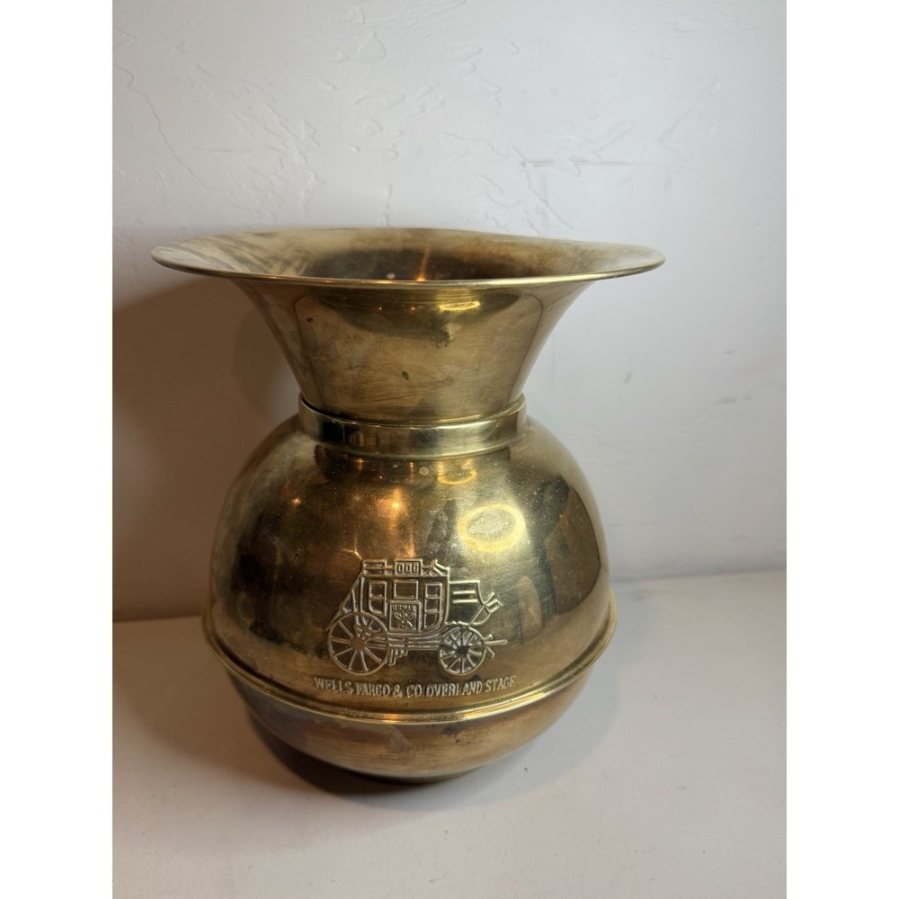 Vtg Wells Fargo & Co Overland Stage Brass Spittoon Bucket 11" Hanstai Taiwan